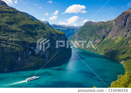 Fjord Geirangerfjord with cruise ship, Norway. Fjord Geirangerfjord with cruise ship, Norway. 133046458