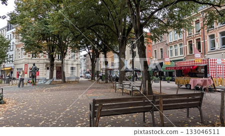 Park view with benches and French fries food truck in Antwerp 133046511