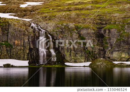 Mountain lake waterfall Flotvatnet Norway Mountain lake waterfall Flotvatnet Norway 133046524