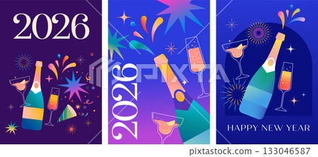 Happy New Year 2026 vertical backgrounds with champagne and fireworks Happy New Year 2026 vertical backgrounds with champagne and fireworks 133046587