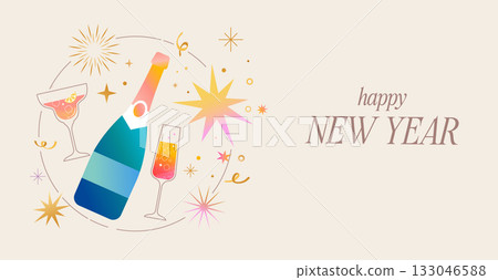Vintage Happy New Year 2026 background with champagne and fireworks Vintage Happy New Year 2026 background with champagne and fireworks 133046588