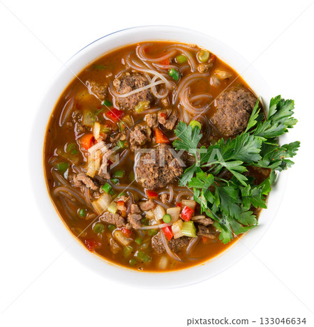 Isolated dungan noodle soup lagman with beef and vegetables 133046634