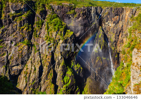 Voringsfossen waterfall with rainbow, Norway 133046646