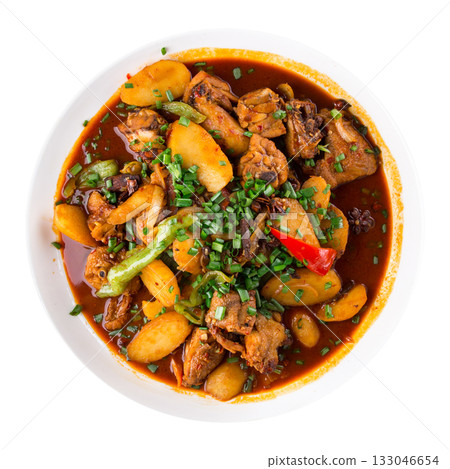 Isolated dapandji chicken stew with potatoes and peppers 133046654