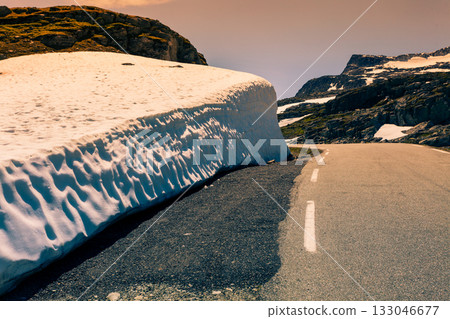 Aurlandsvegen mountain road between Aurland and Laerdal in Norway 133046677