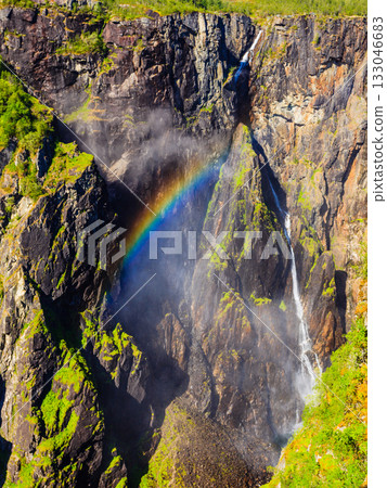 Voringsfossen waterfall with rainbow, Norway 133046683