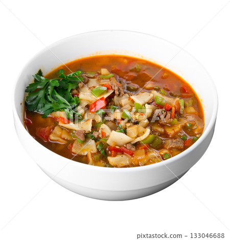 Isolated mampar soup with beef and vegetables 133046688