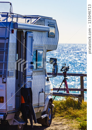 Camper rv camping on sea shore, Spain Camper rv camping on sea shore, Spain 133046713