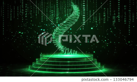 Futuristic digital DNA helix with glowing green binary code and data network on white background Futuristic digital DNA helix with glowing green binary code and data network on white background 133046794