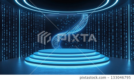 Futuristic blue podium with glowing DNA helix and digital background in modern science concept 133046795