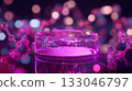 Futuristic laboratory concept with glowing petri dish and molecular structure in pink neon light 133046797