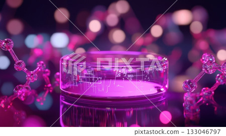 Futuristic laboratory concept with glowing petri dish and molecular structure in pink neon light 133046797
