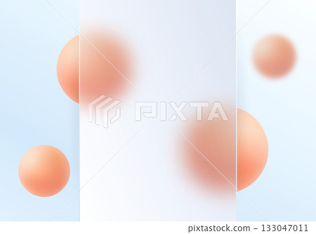 Abstract composition with vertical matte panel and soft blurred orange spheres on pale blue gradient background, glassmorphism style. 133047011