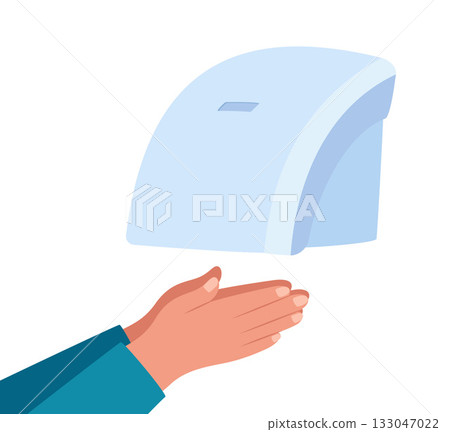 Hands are dried under warm air coming from hand dryer. Electric automatic equipment for restroom. Hygienic sanitation device machine for lavatory. Vector 133047022