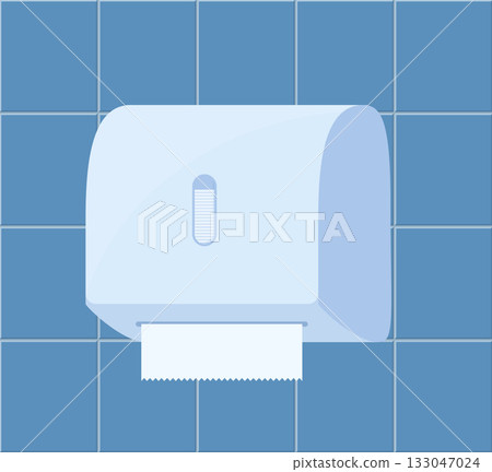 Paper towel dispenser. Box with toilet paper for wipe hand. Tissue for bathroom or hygiene. Public dispense machine with roll of napkin on wall. Restroom sanitary equipment. Vector. 133047024