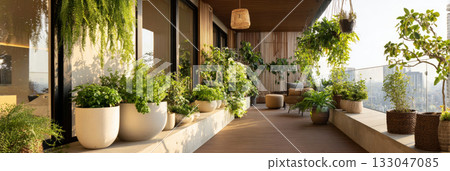 A cozy wellness garden on a balcony filled with plants provides a perfect retreat for relaxation and stress relief 133047085