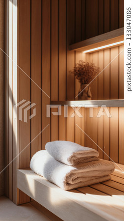 Cozy cabin with wooden walls and stacked towels, creating a serene space for self-care and relaxation 133047086