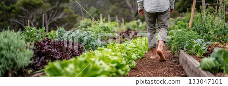 Person walks barefoot on a garden path surrounded by fresh greens and herbs, enjoying the beauty of homegrown food Person walks barefoot on a garden path surrounded by fresh greens and herbs, enjoying the beauty of homegrown food 133047101
