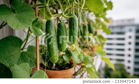 Cucumbers grow lushly on a trellis, bringing freshness to an urban balcony filled with greenery and sustainable living Cucumbers grow lushly on a trellis, bringing freshness to an urban balcony filled with greenery and sustainable living 133047143