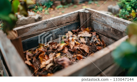 A large compost container made from wood holds fallen leaves and organic matter in an inviting garden setting 133047144