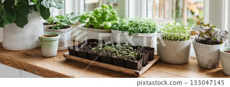 Homegrown seedlings thrive in sprouting pots and seed packs, enhancing a charming cottagecore garden atmosphere 133047145