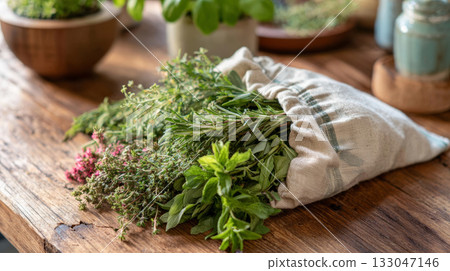 Fresh herbs are carefully placed in a linen bag, showcasing the beauty of homegrown food and eco-friendly gardening Fresh herbs are carefully placed in a linen bag, showcasing the beauty of homegrown food and eco-friendly gardening 133047146