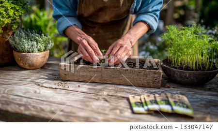 Hands of a young gardener carefully sort seeds on a wooden table, surrounded by herbs and plants, promoting homegrown food 133047147