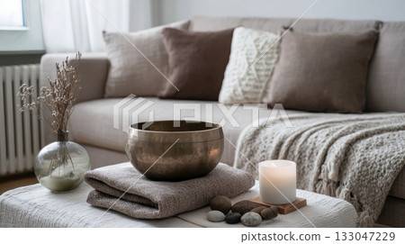 Set up a soothing space with a Tibetan bowl, stones, candles, and cozy textiles for daily self-care and relaxation 133047229