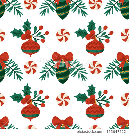 Vintage Seamless Christmas Pattern With Baubles Berries Holly Leaves And Peppermint Candies Vintage Seamless Christmas Pattern With Baubles Berries Holly Leaves And Peppermint Candies 133047322