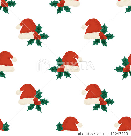 Santa Hat Vintage Seamless Holiday Pattern With Red Hats And Holly Greenery Christmas Background Santa Hat Vintage Seamless Holiday Pattern With Red Hats And Holly Greenery Christmas Background 133047323