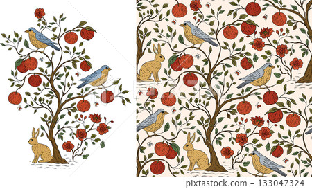 Garden Birds Fruit Tree Seamless Pattern With Flowers And Rabbits In Vintage Vector Style Garden Birds Fruit Tree Seamless Pattern With Flowers And Rabbits In Vintage Vector Style 133047324