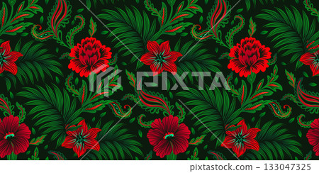 Luxury Boho Jewel Toned Red Flowers And Classic Greenery On Dark Vintage Background Luxury Boho Jewel Toned Red Flowers And Classic Greenery On Dark Vintage Background 133047325