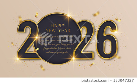 2026 Happy New Year Realistic 3d Number Golden Text Banner Frame BackgroundConfetti Greeting Invitation Luxury Vector 2026 Happy New Year Realistic 3d Number Golden Text Banner Frame BackgroundConfetti Greeting Invitation Luxury Vector 133047327