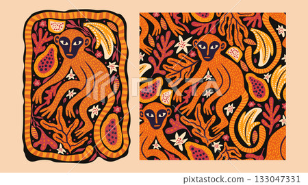 Whimsical Monkey Exotic Vintage Seamless Pattern Background Tropical Jungle Poster Set Boho Vector Collection Whimsical Monkey Exotic Vintage Seamless Pattern Background Tropical Jungle Poster Set Boho Vector Collection 133047331