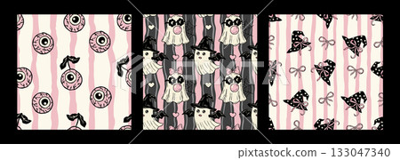 Seamless Vector Pattern Set In Retro Pink Halloween Eyeballs Ribbons, Cute Ghosts In Costumes, Witch Hats With Bows On Striped Background. Seamless Vector Pattern Set In Retro Pink Halloween Eyeballs Ribbons, Cute Ghosts In Costumes, Witch Hats With Bows On Striped Background. 133047340