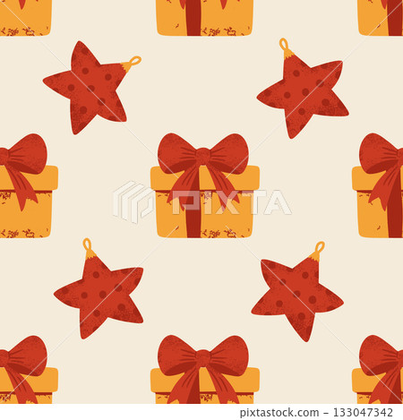 Retro Seamless Holiday Pattern With Red Star Decorations And Christmas Gift Boxes Beige 133047342