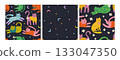 Whimsical Seamless Vector Pattern Set With Colorful Cats, Stars, Crescent Moons And Flowers On Dark Background. 133047350
