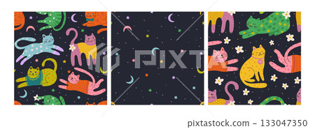 Whimsical Seamless Vector Pattern Set With Colorful Cats, Stars, Crescent Moons And Flowers On Dark Background. 133047350
