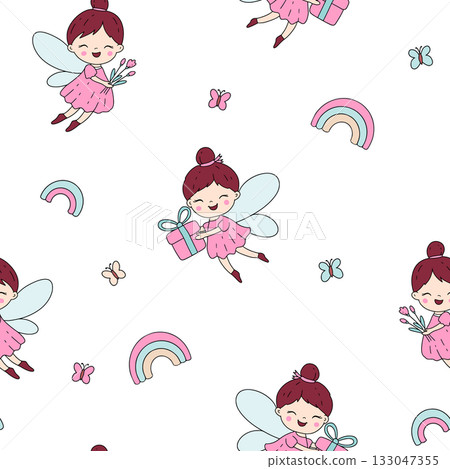 Cute Kids Pattern With Tooth Fairies Flowers Gifts And Rainbows Cute Kids Pattern With Tooth Fairies Flowers Gifts And Rainbows 133047355