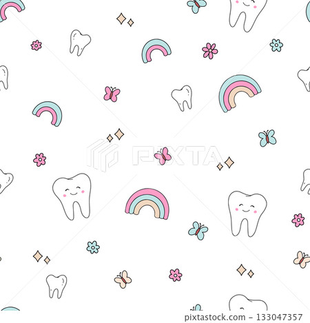Fun Seamless Pattern For Children With Smiling Teeth Butterflies Rainbows And Dental Elements 133047357