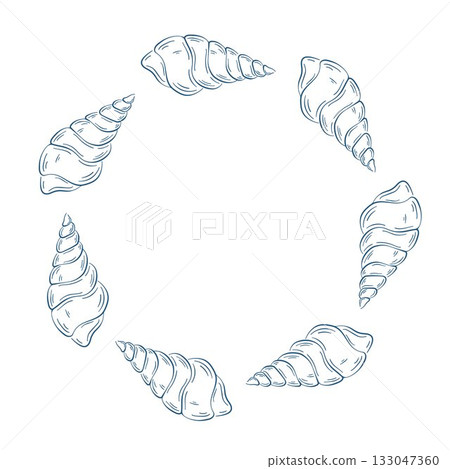 Line art style wreath seashell on white background. Marine design with empty space in the center. 133047360