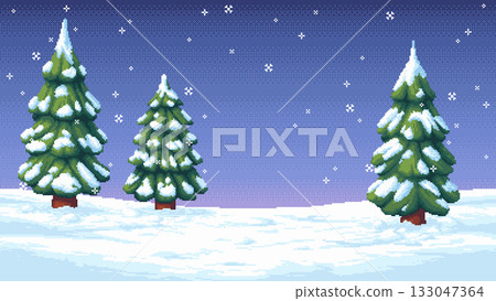 Vector winter landscape with snowy pine trees and falling snowflakes 133047364