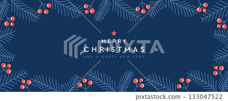 merry christmas card with fir twig and holly berry border decoration vector illustration 133047522