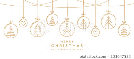christmas card with fir tree golden balls hanging decoration vector illustration 133047523