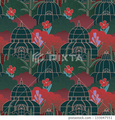 Victorian greenhouse pattern, garden illustration, elegant botanical design. 133047551