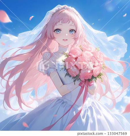 新娘手捧花束。粉紅色頭髮的女孩穿著婚紗，背景是藍天。漫畫風格的AI插畫。 133047569