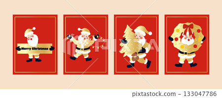 Collection of Christmas and New Year greeting cards and banners featuring golden Santa Claus with garland, wreath, Christmas tree, and gifts on a red background, festive decoration and design set 133047786