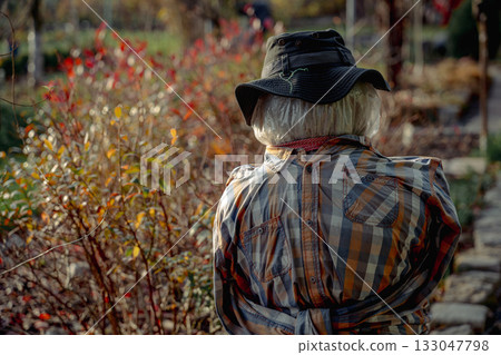 A scarecrow sitting on a wooden chair in front of a small garden gazebo on an allotment, cleverly imitating a resting human figure, basking peacefully in the warm sunlight of a golden autumn day. 133047798