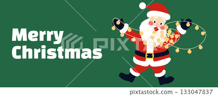 Santa Claus decorating with Christmas lights garland festive holiday banner in cute cartoon style on green background, cheerful winter vector illustration Santa Claus decorating with Christmas lights garland festive holiday banner in cute cartoon style on green background, cheerful winter vector illustration 133047837