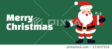 Santa Claus holding a gift box Merry Christmas banner in cute cartoon vector style, red costume on green background, festive winter design Santa Claus holding a gift box Merry Christmas banner in cute cartoon vector style, red costume on green background, festive winter design 133047838